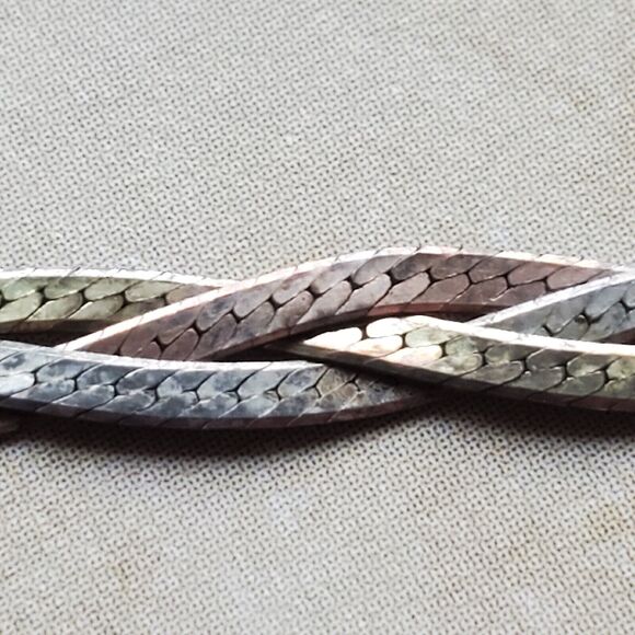 Tri Tone Bracelet Braided Herringbone Weave 925 Italy FMC 7" Gift - Picture 1 of 9